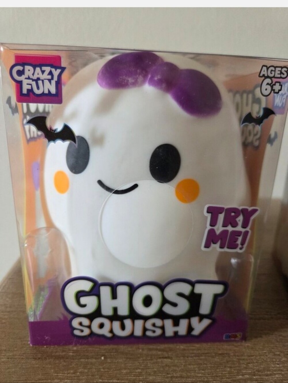 Crazy Fun Ghost Squishy Plush - White with Purple Bow and Orange Cheeks